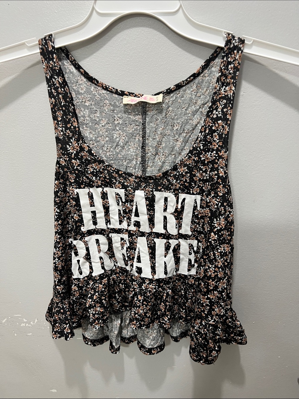 Ardene Black Floral 'HEART BREAKER' Ruffle Hem Tank